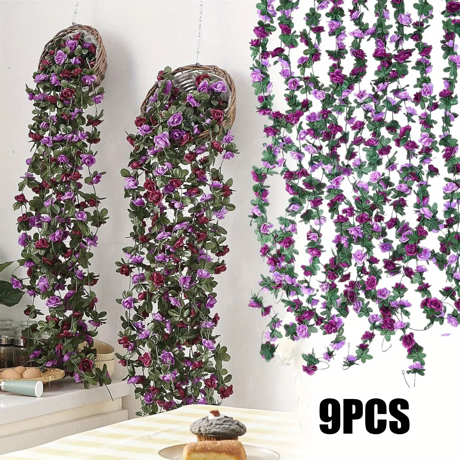 9 Pack 72 FT Artificial Flower Garland, Fake Purple Roses Vines Silk Flowers Faux Plastic Outdoor Hanging Floral Ivy Garland Decoration for Wedding Arch Bedroom Home Wall Backdrop Room Decor