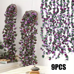 9 Pack 72 FT Artificial Flower Garland, Fake Purple Roses Vines Silk Flowers Faux Plastic Outdoor Hanging Floral Ivy Garland Decoration for Wedding Arch Bedroom Home Wall Backdrop Room Decor