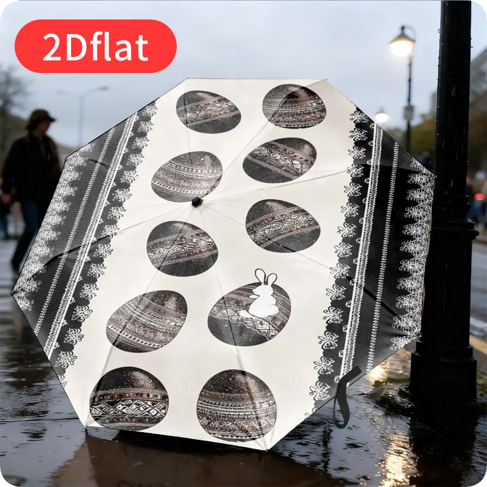 An Easter-themed 2D printed foldable umbrella – featuring an adorable colorful egg design with bunny elements, lightweight and portable, with a durable canopy made of sturdy plastic and metal, perfect for spring outings