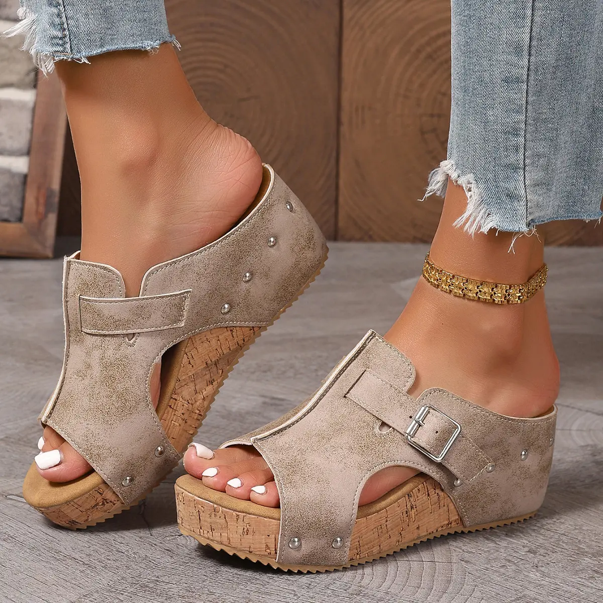 Women's Elegant Cork Wedge Sandals, Open Toe Platform with Ankle Strap, 2.5 in Heel and EVA Foam Cushioned Insoles, All-Day, Women's Sandals, Slip On, Synthetic, Man-Made