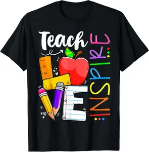 Women's 100% Cotton Short-Sleeve Round Neck Top - Cute "Teach Love And Inspire" Graphic Tee, Comfortable Casual Fit, Ideal for Beach, Tropical Outdoor Use