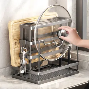 Kitchen Knife Holder Organizer Multi-functional Cutting Board Stand with Chopstick Cage & Utensil Drying Rack, Stainless Steel Wall-Mounted or Countertop Storage Shelf for Knives, Spatulas, Pot Lids, Space Saving Kitchen Gadgets Accessories