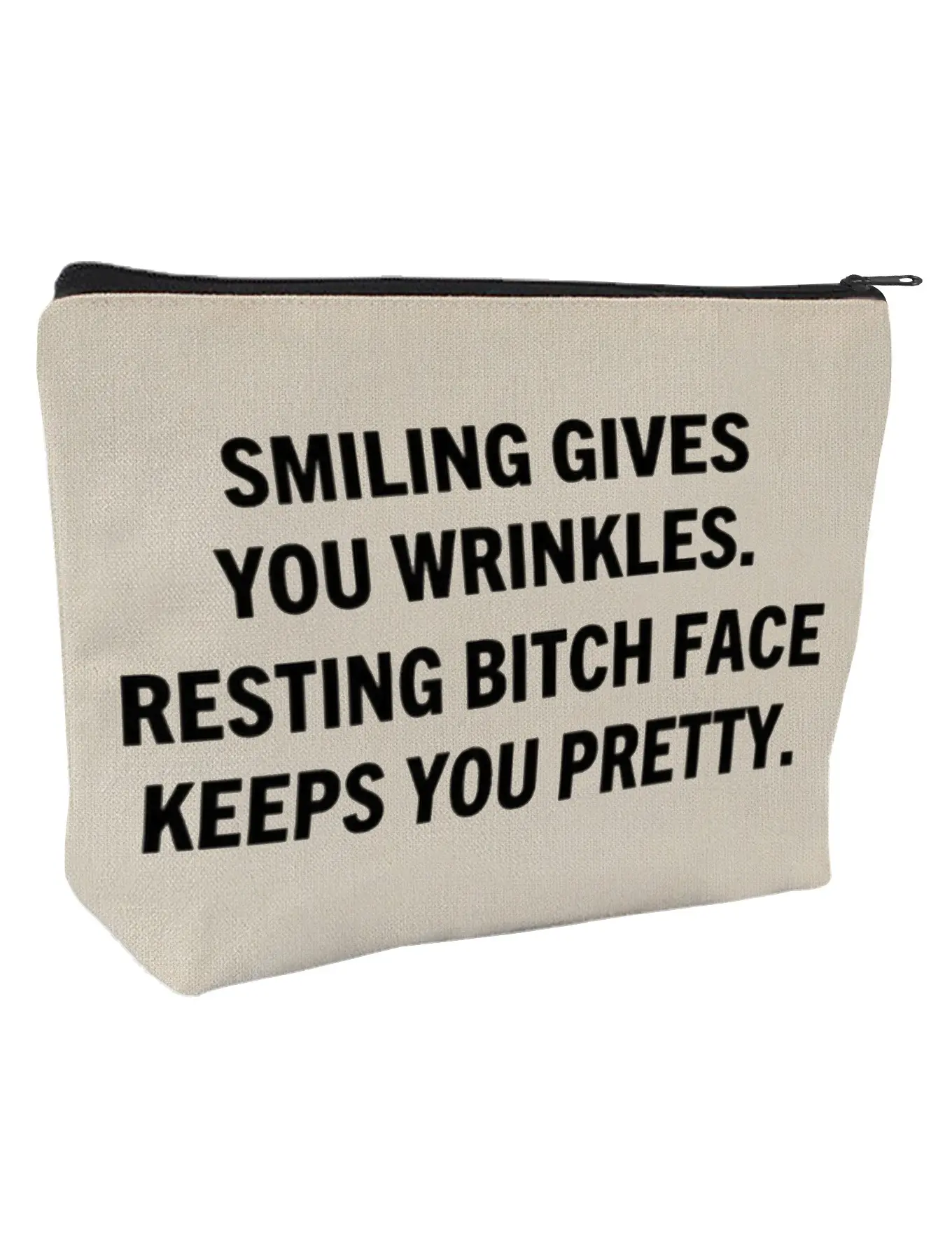 Makeup Bag, Makeup Pouch for Women, Smiling Gives You Wrinkles, Resting Bitch Face Keeps You Pretty Canvas Cosmetic Organizer, Large Capacity Toiletry Bag for Travel, Gift for Mom/Friend, Birthday/Christmas
