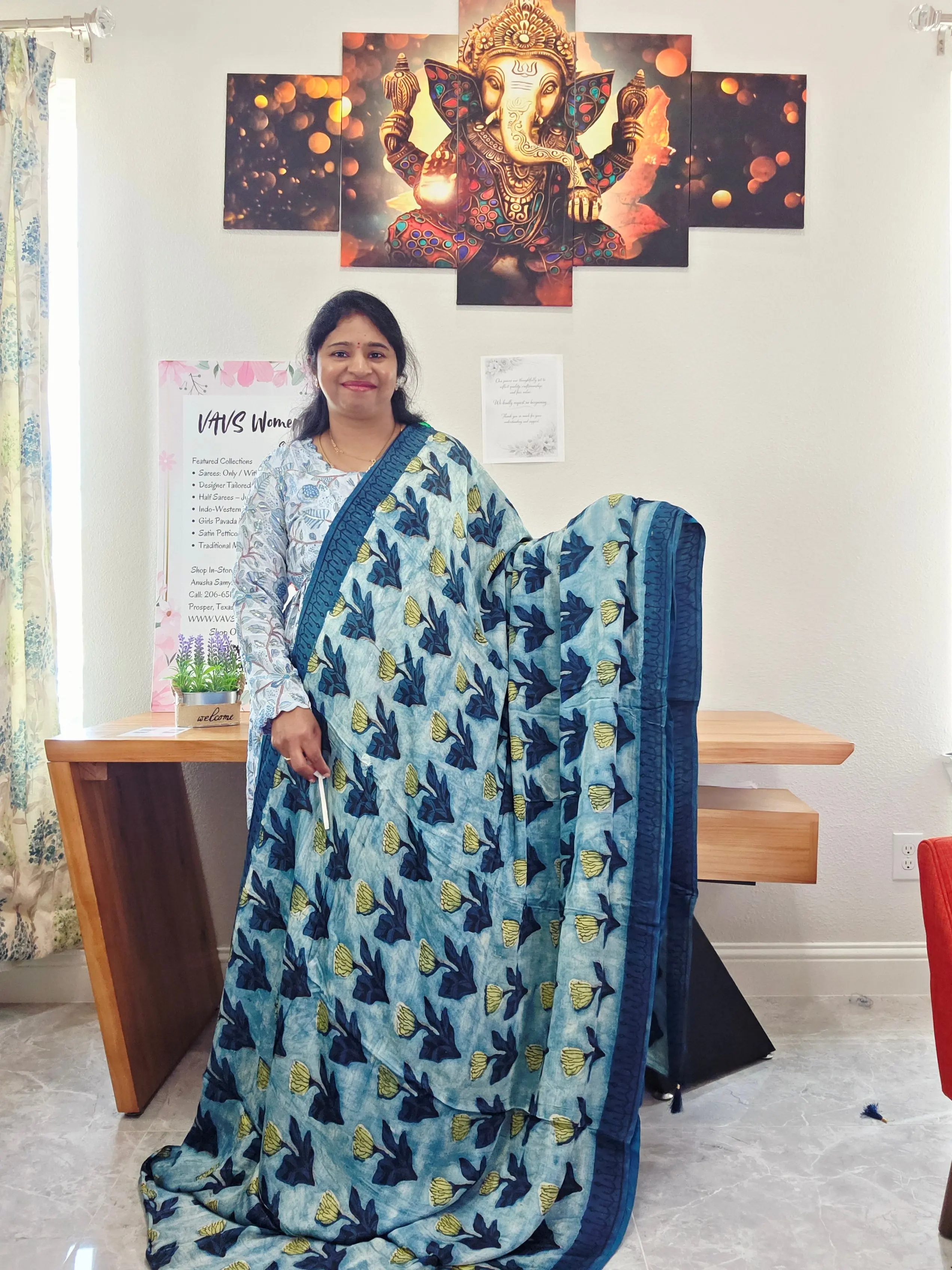 Azure Indigo Serenity Ajrakh Print Soft Satin Modal Saree with Blouse Piece