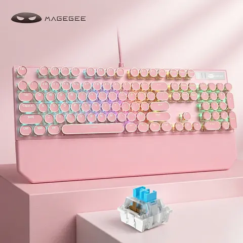 MageGee MK-Storm Wired Mechanical Keyboard - 104-Key Full Size Punk Retro Typewriter Style, Aluminum Alloy Panel, Backlit Keys, MK-Punk Black-Blue Switch, Ergonomic Durable, Magnetic Wrist Rest, Clicky Sound, Mechanical Feeling, PC Accessory