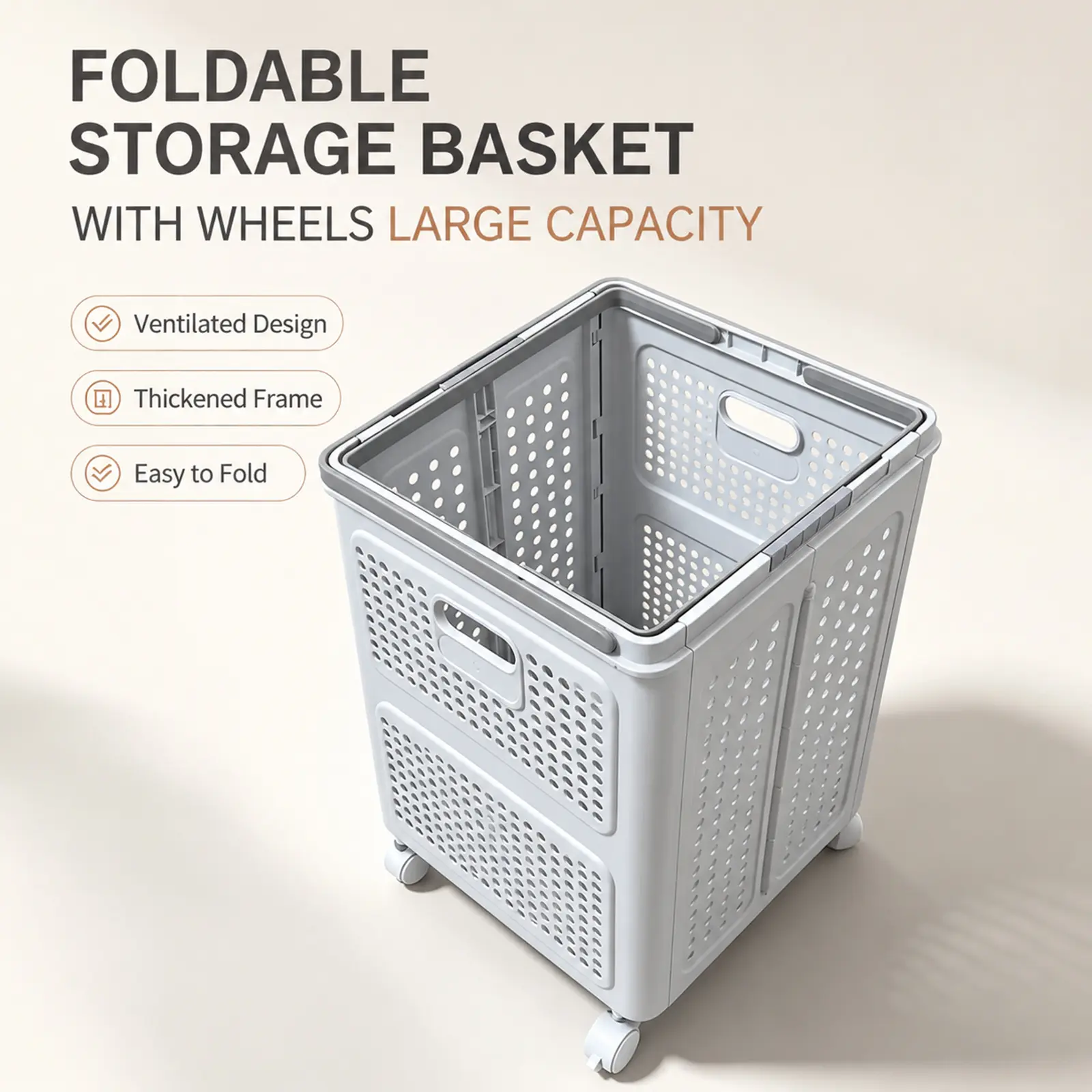 Collapsible Plastic Laundry Hamper, 65L Large Capacity Heavy Duty Clothes Storage Basket  with Handle and Wheels  Multipurpose Organizer for Laundry Room Bedroom,Bathroom,White