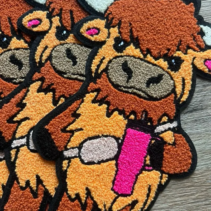 Highland Cow Chenille Patch - Vibrant Brown & Pink Design