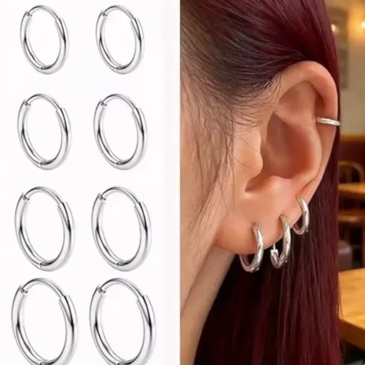 4 Pairs Stainless Steel Hoop Earrings Set, Silver/Gold Hypoallergenic Lightweight Versatile Sizes 8/10/12/14mm Earring Pack, Durable Earring Stack, Stackable Cartilage Piercing Hoops for Men & Women, Fashion Circle Shape Earrings Accessories Kit