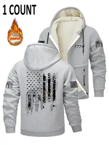 Men's Fleece-Lined Zipper Hoodie Jacket, Flag Print, Soft Comfortable Inner Lining, Casual Fashion for Cold Weather, Fall & Winter
