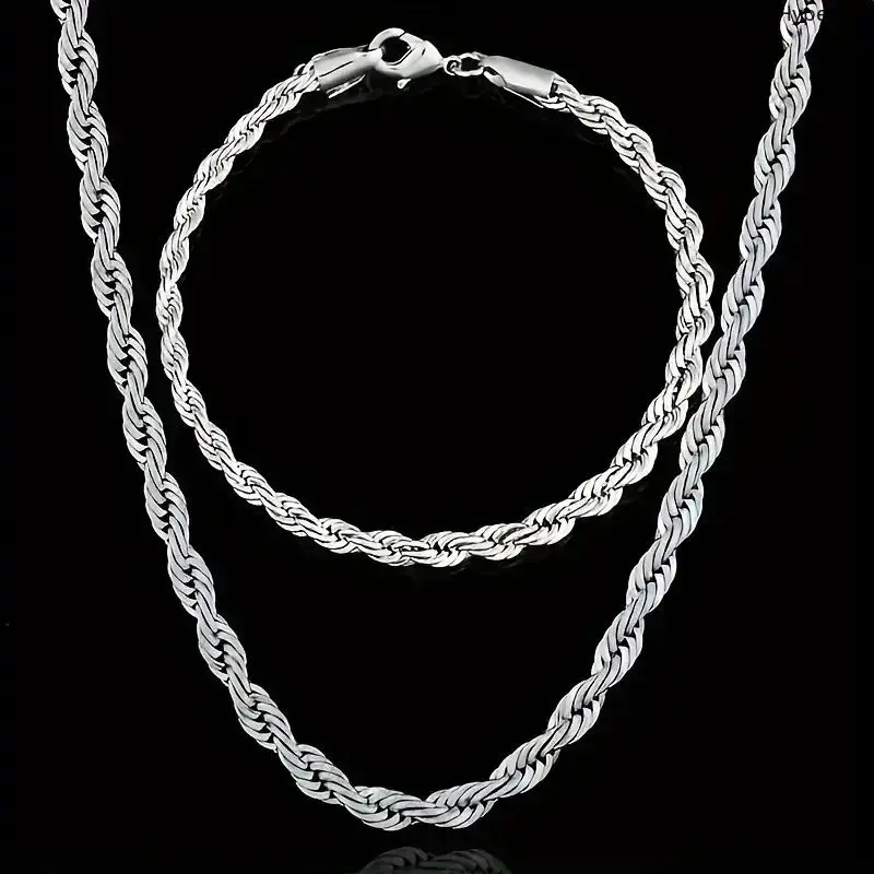 Women's 925 Sterling Silver Twisted Rope Chain Necklace & Bracelet Set - Classic Elegant Real Jewelry, Necklaces for Women, Bracelets, Accessory Set, Chains Set