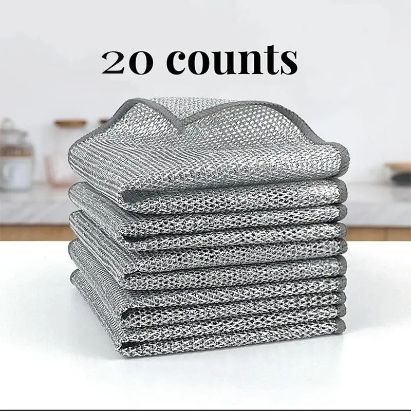 20-Count Soft Wire Multifunctional Steel Polyester Dishwashing Rags - Single-Layer, Non-Scratch, Reusable Cleaning Cloths, Powerful Stovetop Scrub, Wet/Dry Stain Lift, Quick-Dry for Busy Days, Kitchen Sink Use