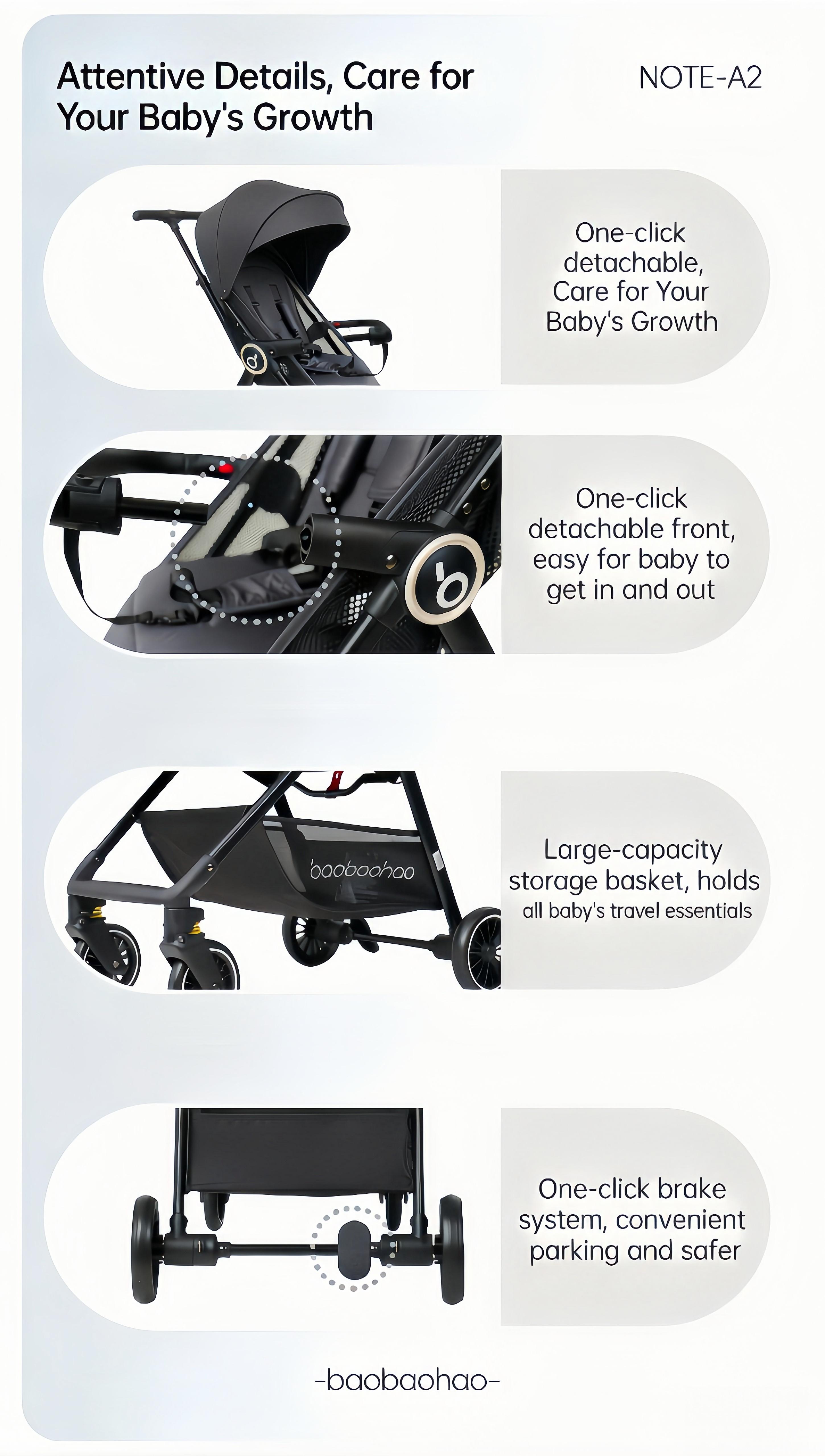 BAOBAOHAO A2-Baby Pushcart Sit or Recline, Lightweight and Foldable, Portable Umbrella Stroller, Suitable for Newborns, High-view Stroller, One-touch Folding, Four-wheel Suspension, Breathable Mesh Fabric for Summer, Airline-approved