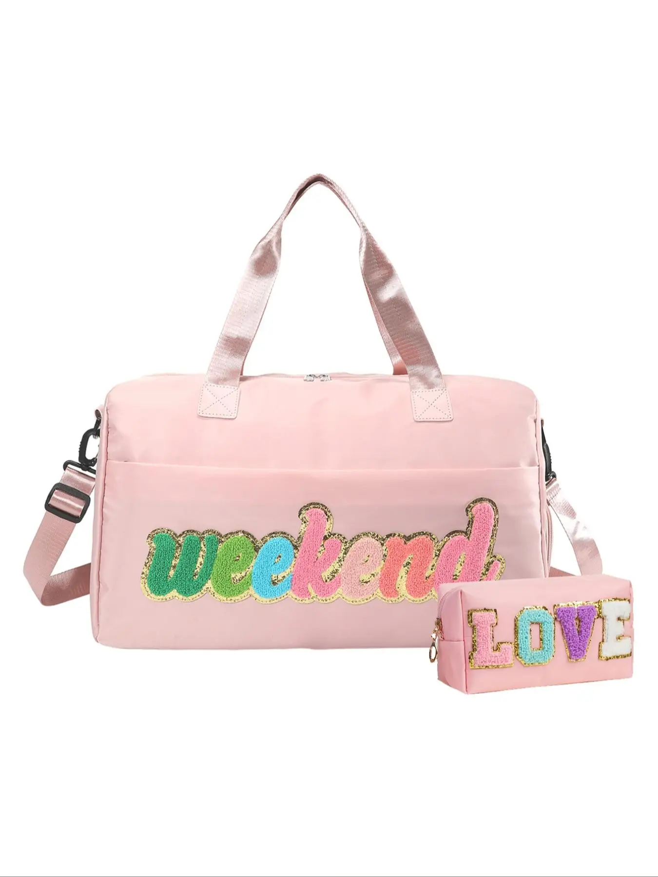 Women's Cute Letters Design Travel Bag & Storage Bag Perfect for Gift, Trendy Large Capacity Duffel Bag Set