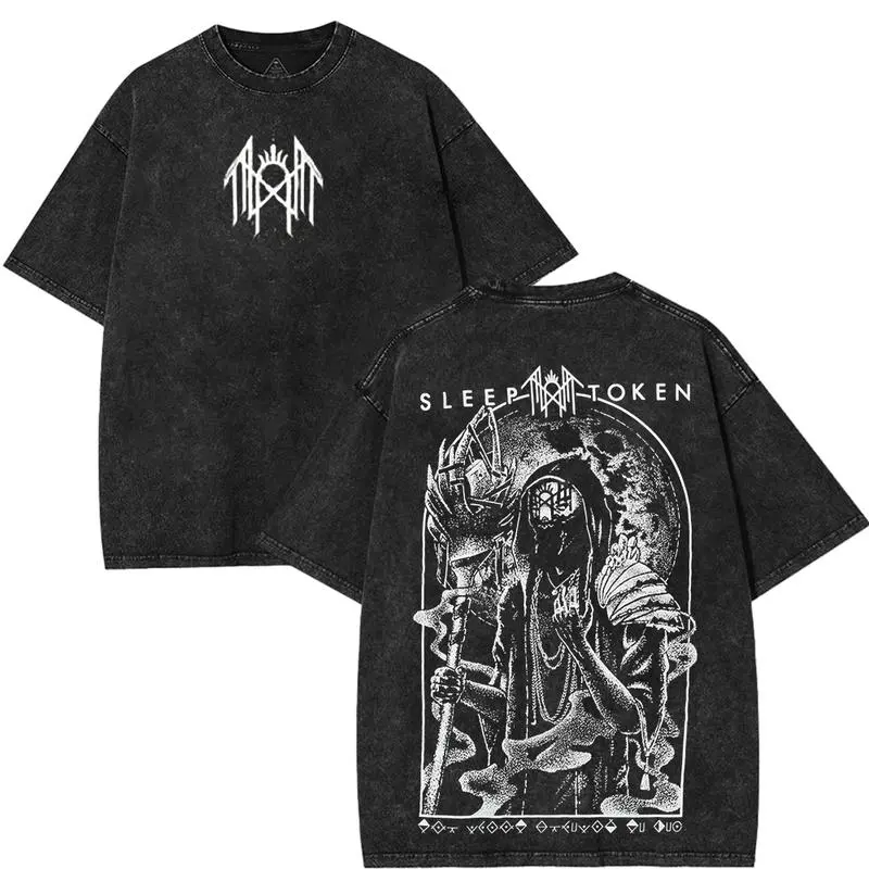 Retro Limited Sleep Token Vessel Heavy Metal Gothic 2 Sided Rock Music Band graphic tees Acid Washed Tshirts, Hoodie Menswear Top Fabric Collar