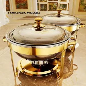 5QT 1/2 Pack Chafing Dish Buffet Set Gold Accent NSF Round Stainless Steel with Glass Lid & Lid Holder for Catering Events Parties Weddings Dinners Bakeware Dinnerware,TikTokShopBlackFriday