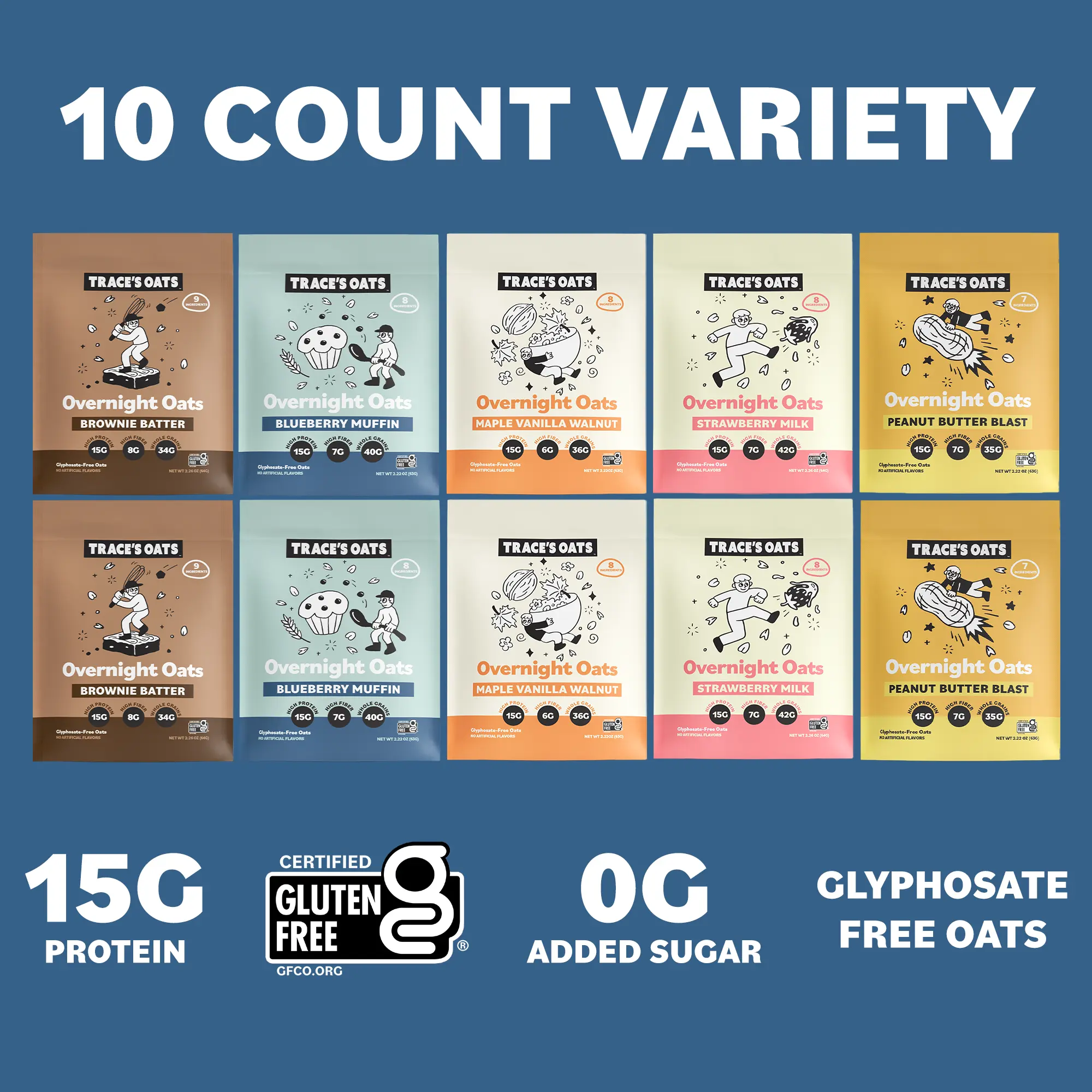 Trace's Oats Overnight Oats Variety Pack - 10-Pack, 5 Flavors (Peanut, Vanilla, Strawberry, Walnut, Fruit), 15g Protein, 0g Added Sugar, Gluten-Free | High-Protein Breakfast Pantry Food, Healthy