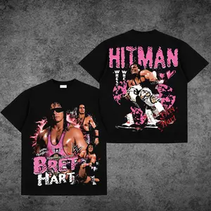 [WWE] Bret Hart Pink The Power Wrestling Graphic T-Shirt, WWE Legend Inspired Streetwear Tee, Neon Warrior Vintage Style Shirt, Oversized Cotton Unisex Casual Outfit, WWE Retro Fan Apparel Gift