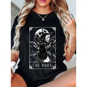 Cotton Tarot Card Crescent Moon and Black Cat Witch Hat T Shirt