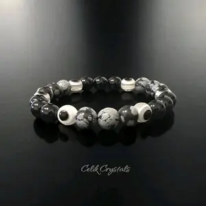 Evil Eye Bracelet with Black Tourmaline & Snowflake Obsidian - Elegant Design for Spiritual Protection
