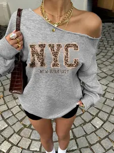 Women's Off-Shoulder Leopard Print Letter Sweatshirt, Soft & Loose Fit Casual Top, All Season Wear