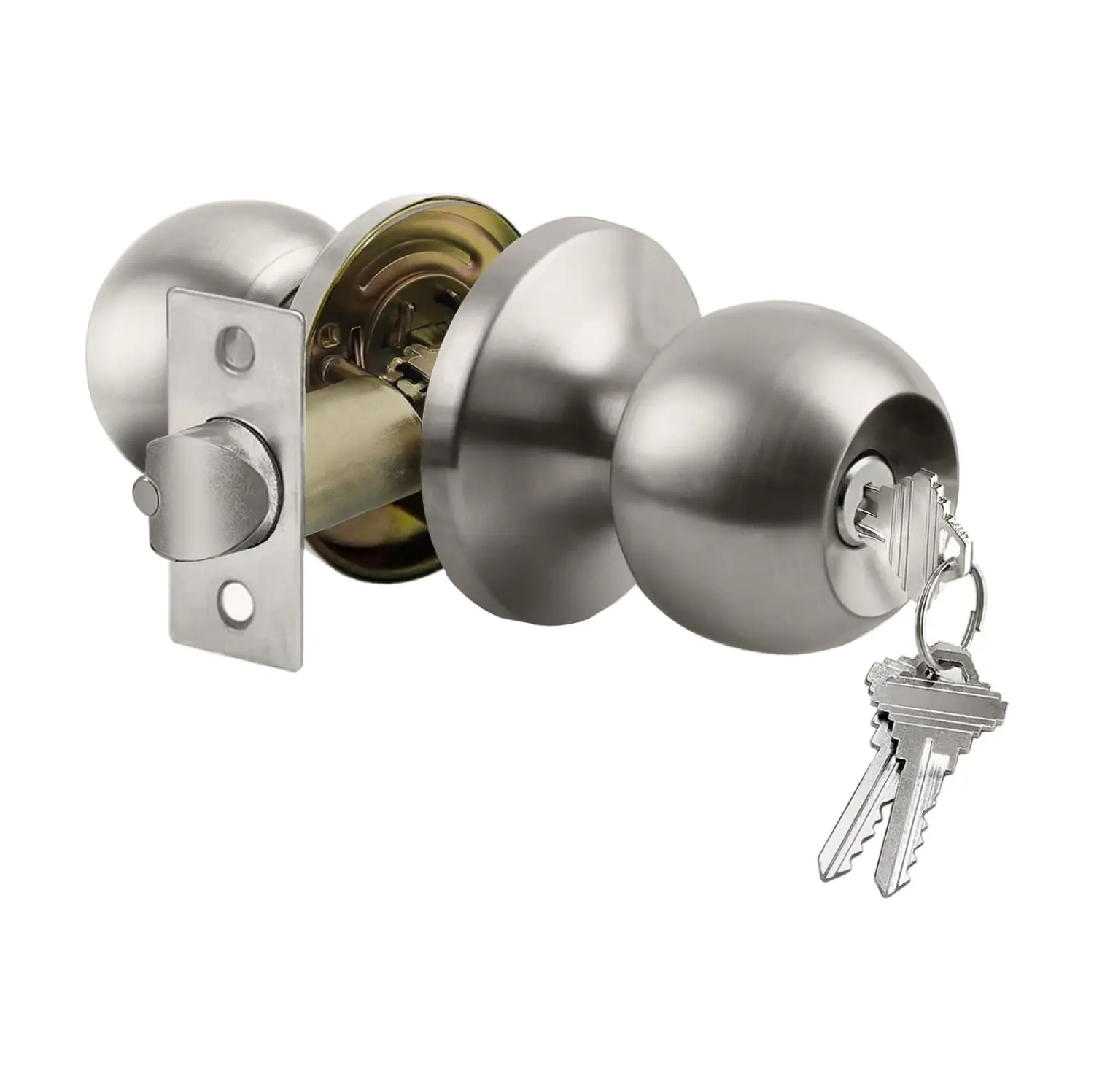 Keyed Entry Door Knob with Lock and Key, Satin Nickel Exterior and Interior Front Door Lock, High Security Ball Door Handle Set