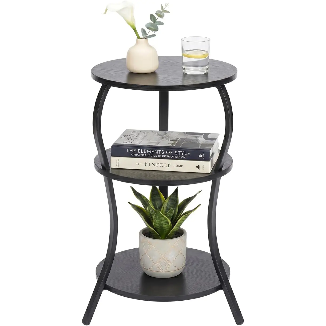 Zexvida Vintage Small Round Side Table, 3-Tier Slim Waist Circular End Table with Storage Shelf, Compact Tea Sofa Side Table, Round Corner Coffee Table Nightstand for Living Room Bedroom Small Spaces,Black