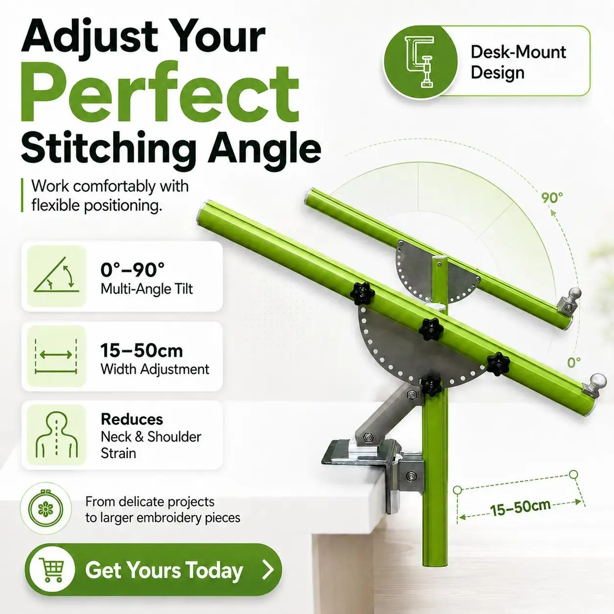 Adjustable Aluminum Alloy Table Side Embroidery Hoop Stand - 3rd Gen Thickened & Reinforced Heavy-Duty Desk Mount Embroidery Frame Holder