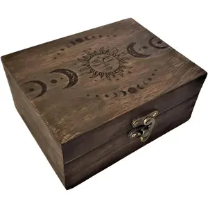 Engraved Wooden Tarot Box for Cards Crystal Holder | Sun and Moon Fortune Telling Astrology Trinket Keepsake Box. Fengshui Luck Talisman Decorative Gift Case/Holder