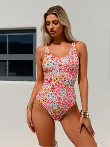 New Broken Flowers Cover Belly Slim Backless Sexy One-Piece Swimsuit Women's Bikini Floral Print Stylish Design Slimming Effect