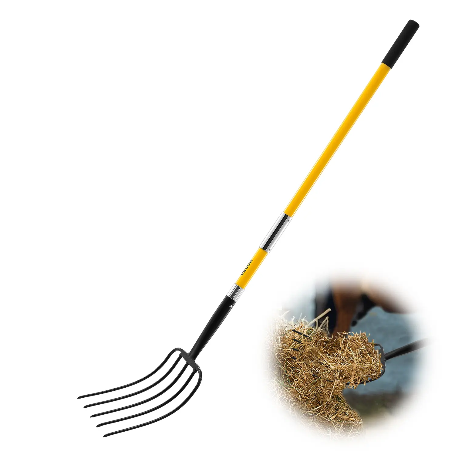 【Summerfinds】VEVOR 5-Tine Heavy Duty Forged Steel Garden Fork Tool with 57in Fiberglass Handle, Y Comfort Grip, Easy Assembly & Secure Fit, Less Arm Strain for Women’s Farm Tasks, Composting, Transplanting, Fork + Handle Set
