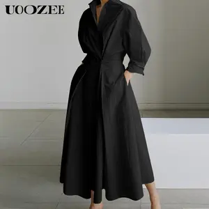 UOOZEE women's long-sleeved loose solid color lapel midi dress, waist design, comfortable and elegant, a must-have for commuting and formal occasions Midi Cloth, with pockets Modest Clothes