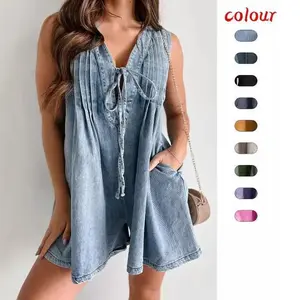 New Summer Collection-Womens Casual Sleeveless Tie Front Denim Romper Dress Overall Shorts Summer Jean Romper With Pocket Womenswear Suits Basic Brown