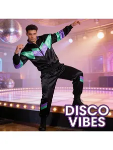 80s Disco Party Sportswear Y2K Block Color Satin Hip-Hop Style Sports Set with Stand-Up Collar Zipper Jacket and Drawstring Sweatpants