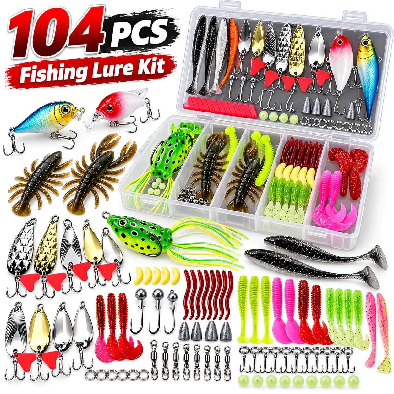 104PCS Fishing Lure Kit with Tackle Box, Assorted Soft Plastic Baits, Crankbaits, Spinner Spoons, Frog Lures, Fishing Hooks and Accessories for Freshwater Bass Fishing