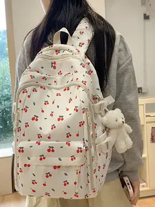 Women's Waterproof Fruit Floral Print Backpack, Large Capacity Multi-Layer Design, Cute Casual Versatile Bag with Charm Accessory, Daypack