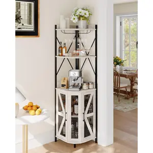 Garvee Industrial 72in Grey Corner Wine Cabinet with Power Outlet, LED Strip, Mesh Door, Glass Holder, and 5-Tier Bar Display for Home and Small Spaces