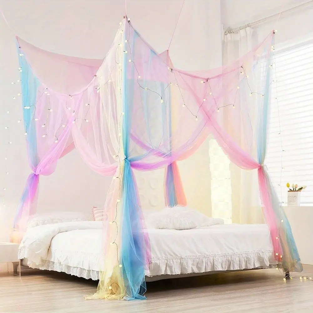 4 Corner Column Princess Bed Canopy Curtain Comfortable Hanging Net Bedroom Decorative Accessories 4 Open Mosquito Net, 75 "W * 82.7" L * 94.5 "* H, Including Hook * 4 Anchor * 4 Curtain Rope +8 Meters Rope