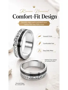 Stainless Steel Roman Numeral Anxiety Spinner Ring, Cubic Zirconia Inlaid Rotating Band, Three Tone Options, Hypoallergenic Unisex Fidget Ring for Men Women, Anti-Stress Everyday Wear Jewelry, Stress Relief Jewelry