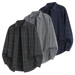 Men's Elegant Checked Long-Sleeve Shirt Jacket, Classic Casual Clothes with Front Chest Pocket, Sleeve Cufflinks, Light Gray Plaid Design, Suitable for Spring & Autumn Tops