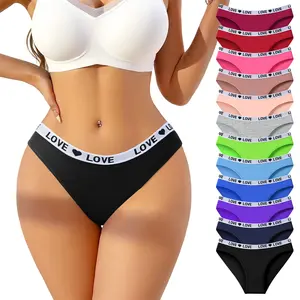 Hotcom 12pcs Color Block Letter Print Briefs Elegant Comfy Breathable Stretchy Intimates Panties Women's Lingerie & Underwear Pastel Comfortable Womenswear Blue Beige Black