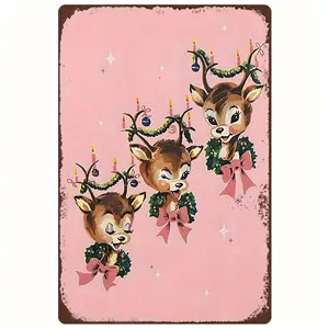 Vintage Christmas Reindeer Wall Art Sign Large 12x8 Inches Retro Holiday Home Decor with Holly and Bows Easy Mounting