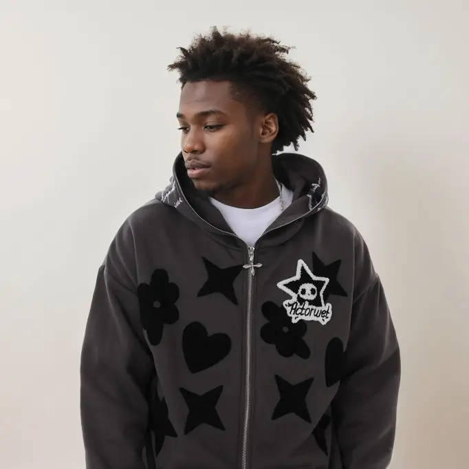 Men's Star Embroidered Hooded Sweatshirt zip hoodie Sweaters Menswear Tops cool jacket Pullover Long Sleeve Casual Pocket Wetsuit Crewneck