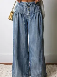 Women's Striped Drawstring Wide Leg Jeans - Casual Pleated Button Denim Bottom Pants for Lady, Everyday Wear, Stylish Fit