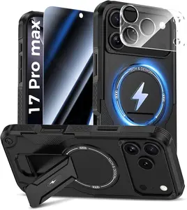 iPhone 17 Pro Max Case with Privacy Tempered Glass Screen Protector & Camera Lens Protector, Compatible with MagSafe, Invisible Kickstand, Shockproof Phone Cover, Black
