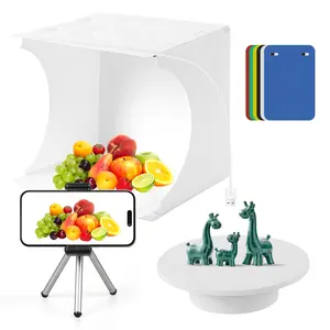 9 inch photo light box set with electric display turntable, quick setup collapsible portable LED white light box for outdoor photography work with 6 EVA backgrounds, USB powered, for photography products, jewelry, 3D model display KOL