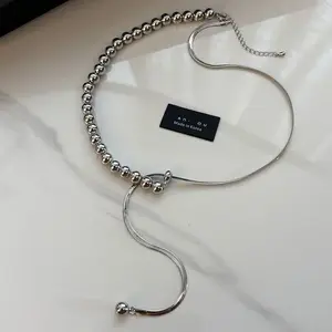 LisiZen European and American Personality Small Steel Bead Pendant Pull-Adjustable Necklace for Women, Light Luxury Niche High-End Long Collarbone Chain DZXL4057