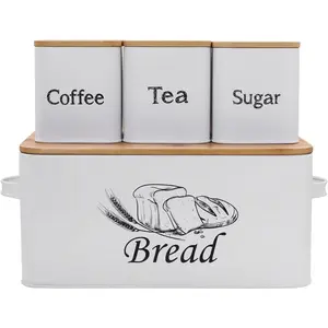 【Store Good Things】SOTECH Bread Box Set with 3pcs Jars for Kitchen Countertop Extra Large White/Black Farmhouse Metal Bread Box With Bamboo Board Cover Pastry Storage Matching Canisters Set Of 3 Coffee Tea Sugar Container Set Kitchen decor