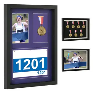 A3 Large Medal Display Shadow Box (Black) - 7-Slot Frame for Marathon Runners, Race Bibs, Photos & Sports Military Awards