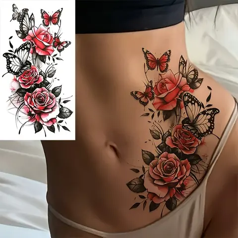 2pc Temporary Tattoo Sticker, Rose & Butterfly Design, Waterproof & Durable, Realistic Fake Tattoo, Body Fake Tattoos for Men & Women, Temporary Tattoos Stickers