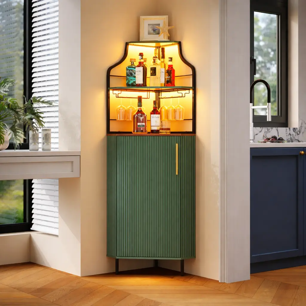 Modern corner wine cabinet with LED lights and cup holders, industrial style, 59-inch mini wine cabinet, home coffee bar, living room, kitchen and dining room mini bar, simple assembly, space-saving storage. sohochic